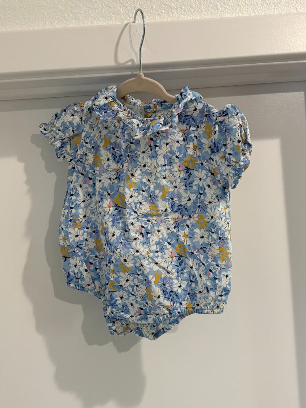 Rachel Riley London Blue Daisy Floral Ruffle Collar Bubble Romper, 6 Months